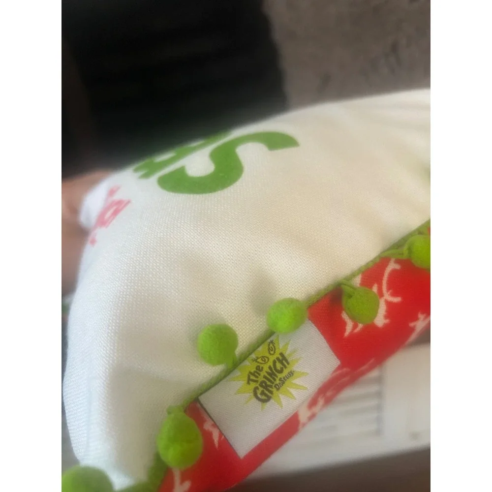 Dr Seuss The Grinch Merry Grinchmas Holiday Throw Pillow Red White Green Pom Pom